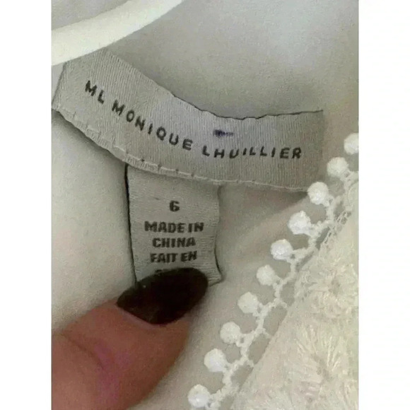 ML Monique Lhuillier Tie-Neck Ivory Lace Mini Long Sleeve Bridal Dress - Picture 8 of 10